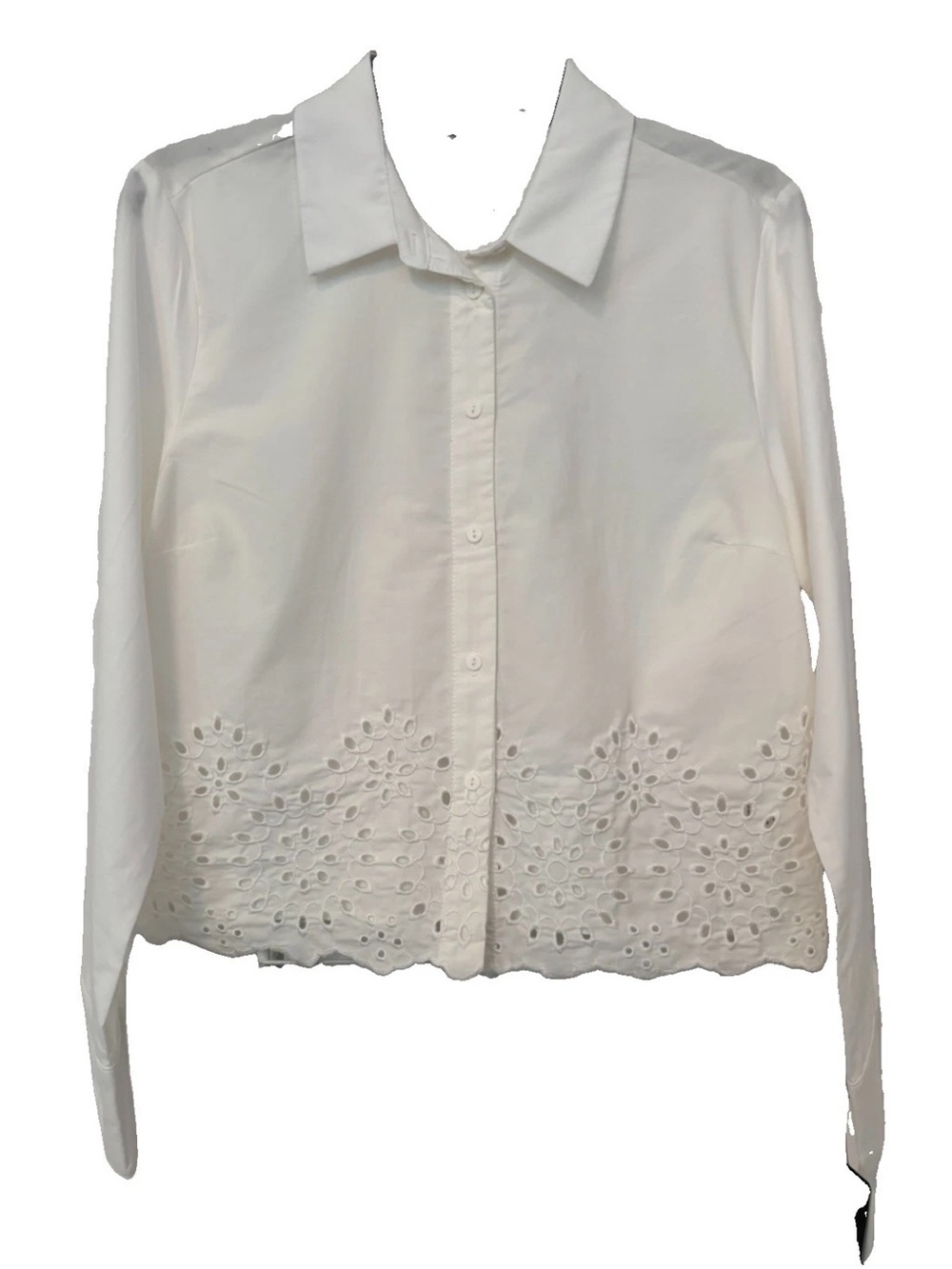 BCX White Eyelet Lace Hem Button-Up Shirt - Women